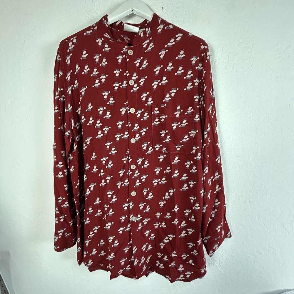 Chico's Design Womens Red Printed Long Sleeve Button-Up Blouse 2 Mandarin Collar